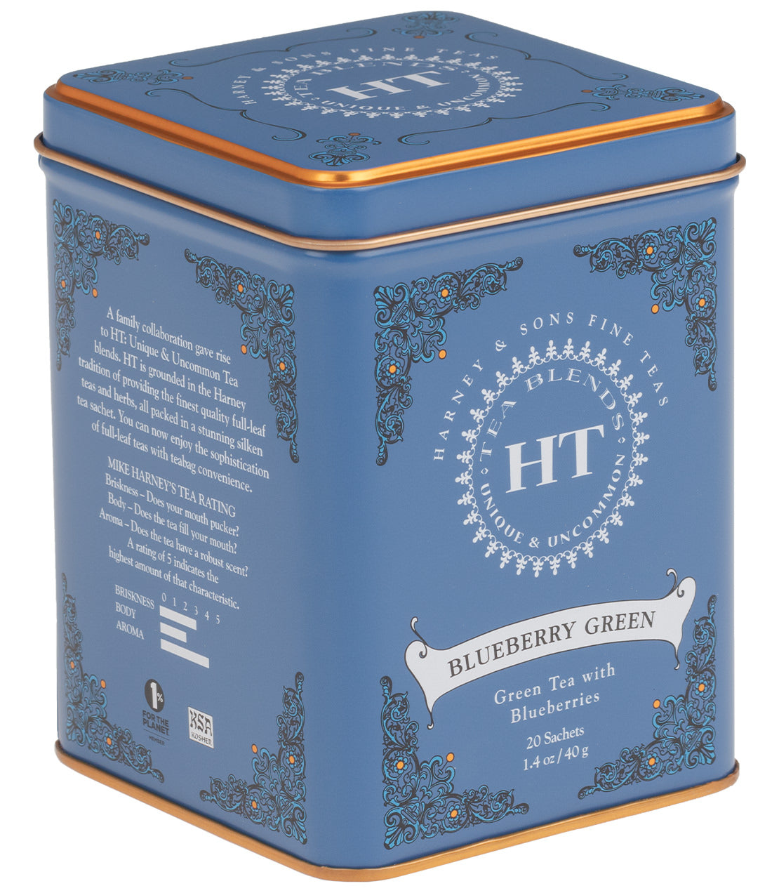 Blueberry Green tea tin featuring a blue design, containing 20 sachets of green tea with blueberries.