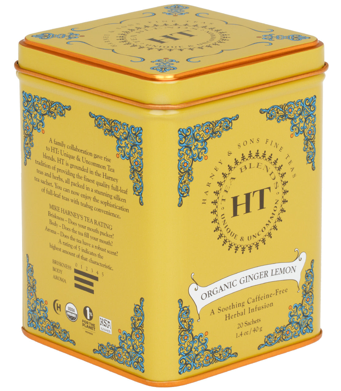 Organic Ginger Lemon tea in a decorative yellow tin, containing 20 caffeine-free herbal sachets.