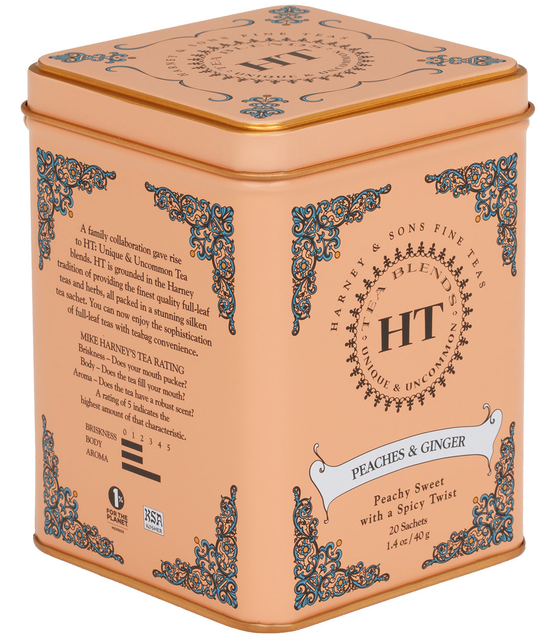 HT Peaches & Ginger tea tin featuring 20 sachets, designed with a peachy and spicy flavor profile.