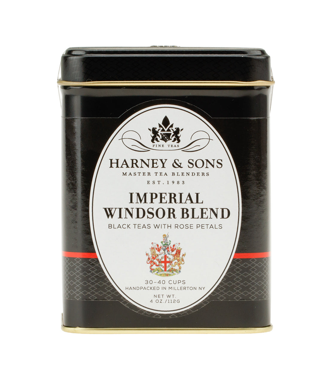Harney & Sons Imperial Windsor Blend tea tin, featuring black tea with rose petals, 4 oz packaging.