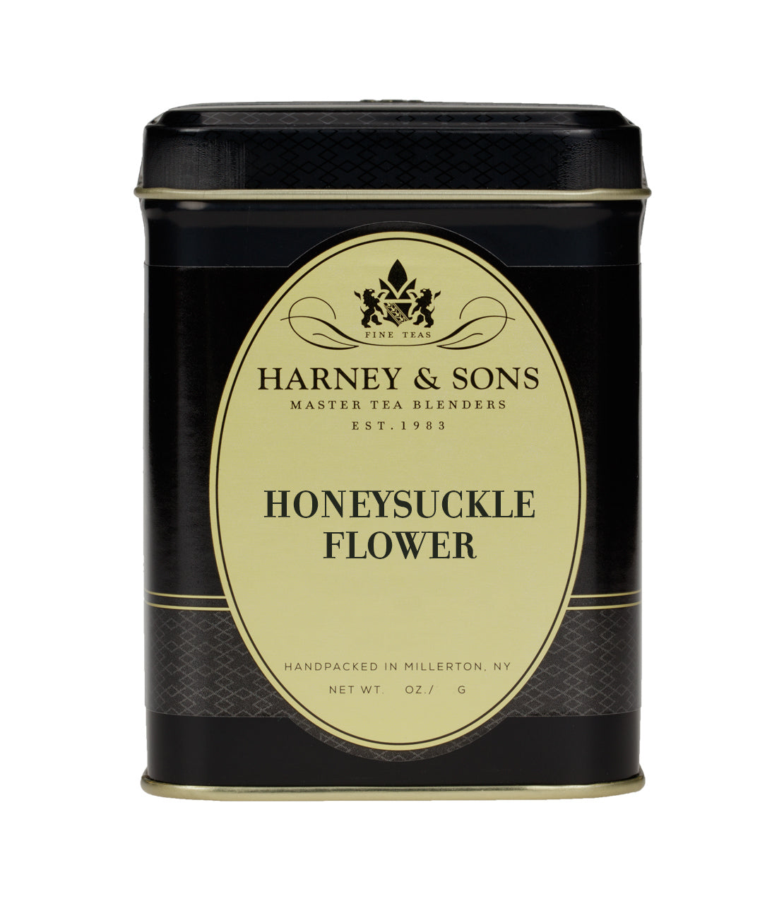 Black tea tin labeled "Honeysuckle Flower" by Harney & Sons, featuring elegant design and gold accents.