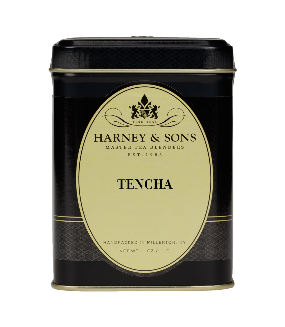 Harney & Sons Tencha tea tin, black and gold design, labeled with "Handpacked in Millerton, NY.