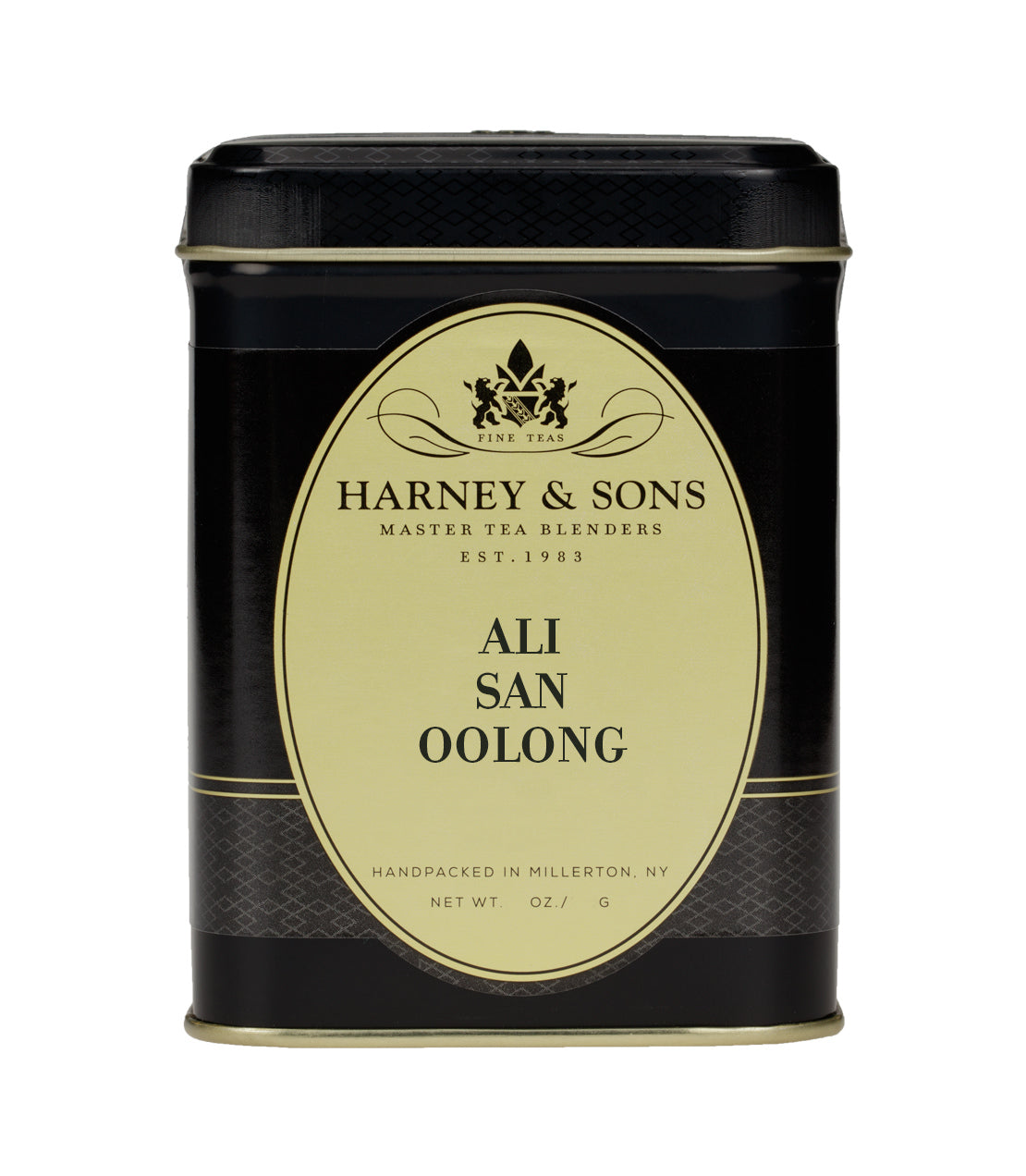 Harney & Sons Ali San Oolong tea tin, featuring a black and gold design, labeled with product details.