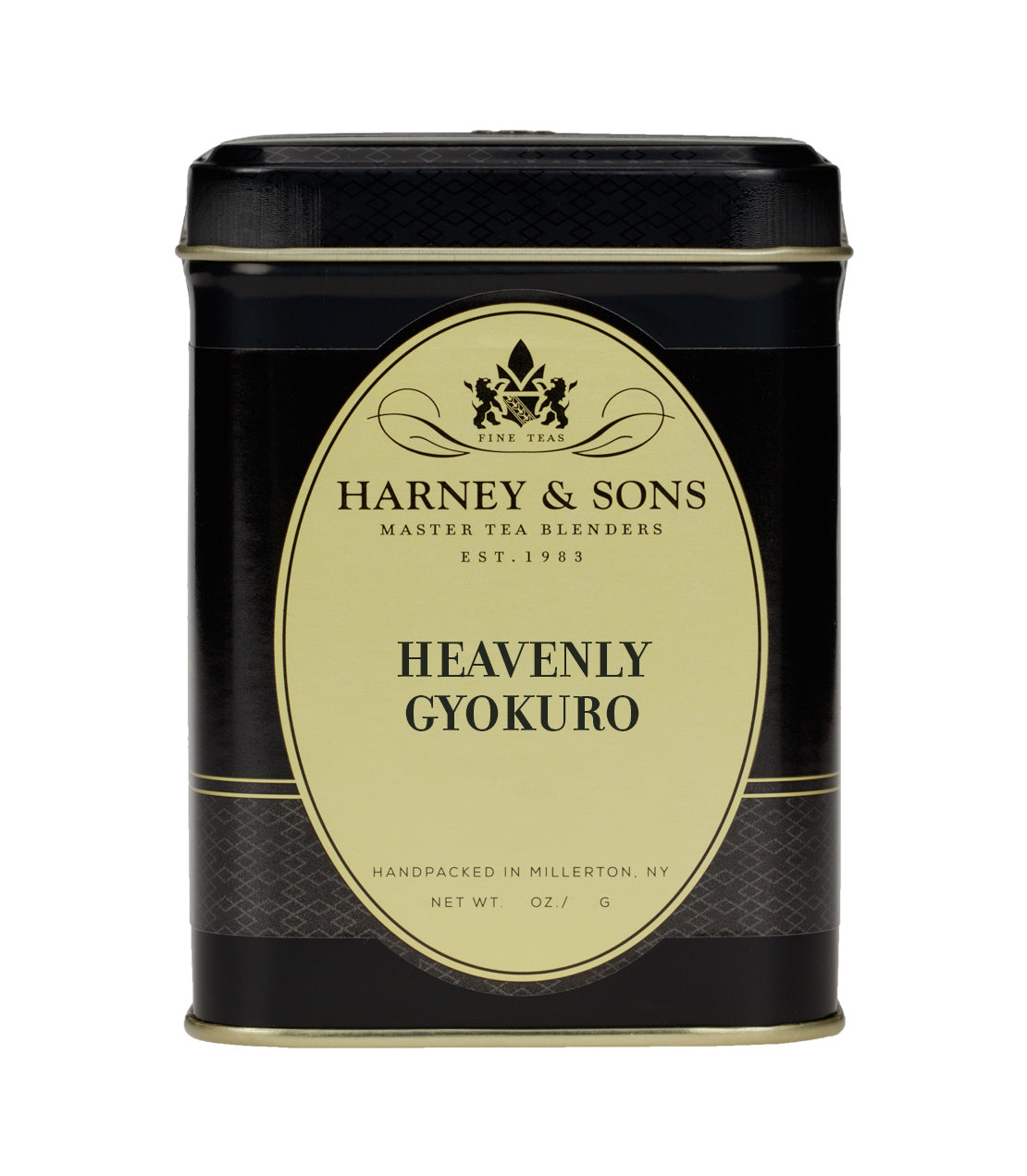 Black tin of Harney & Sons Heavenly Gyokuro tea, featuring elegant gold lettering and a decorative design.