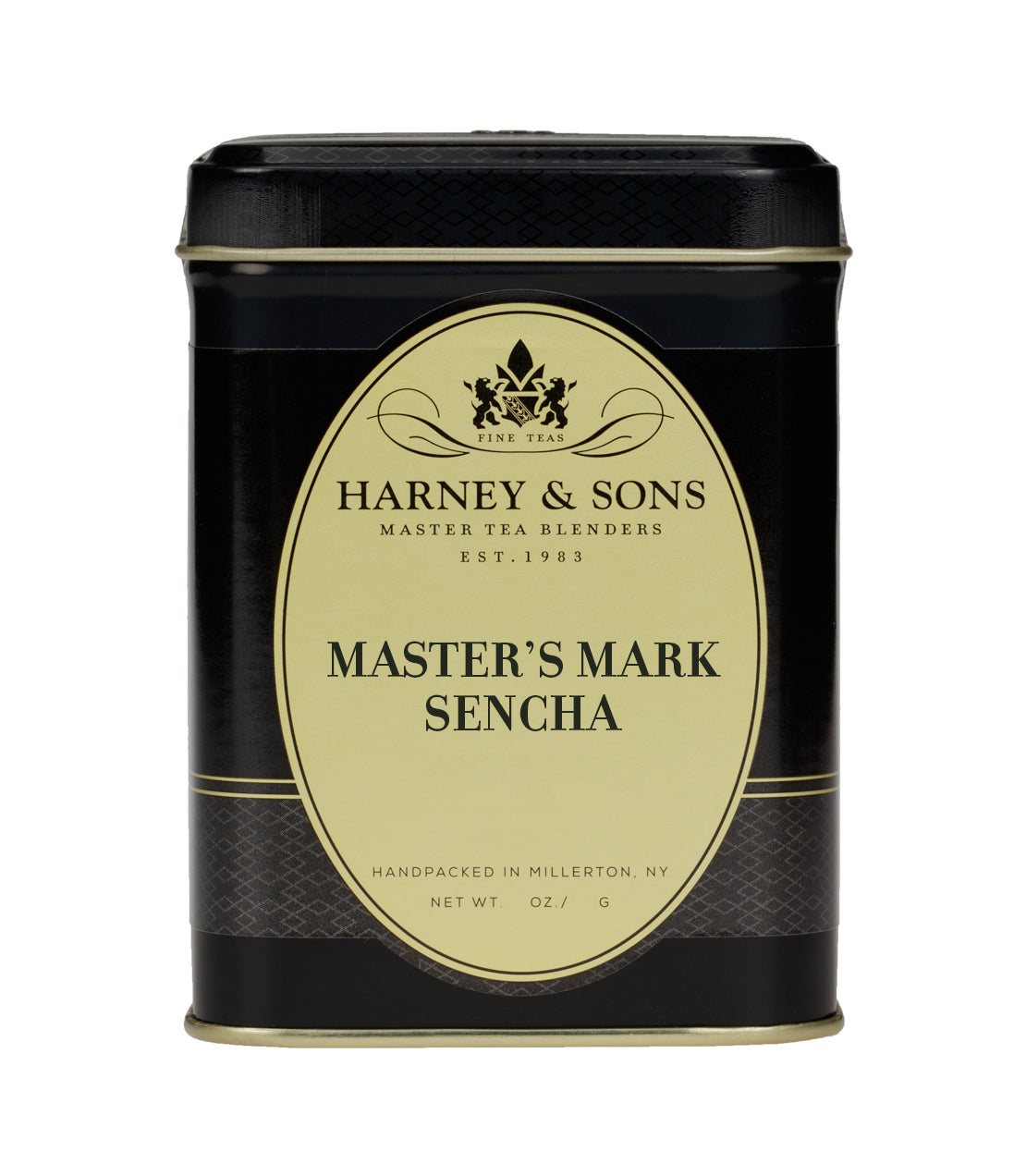 Black tea tin labeled "Master's Mark Sencha" by Harney & Sons, featuring elegant design and gold accents.
