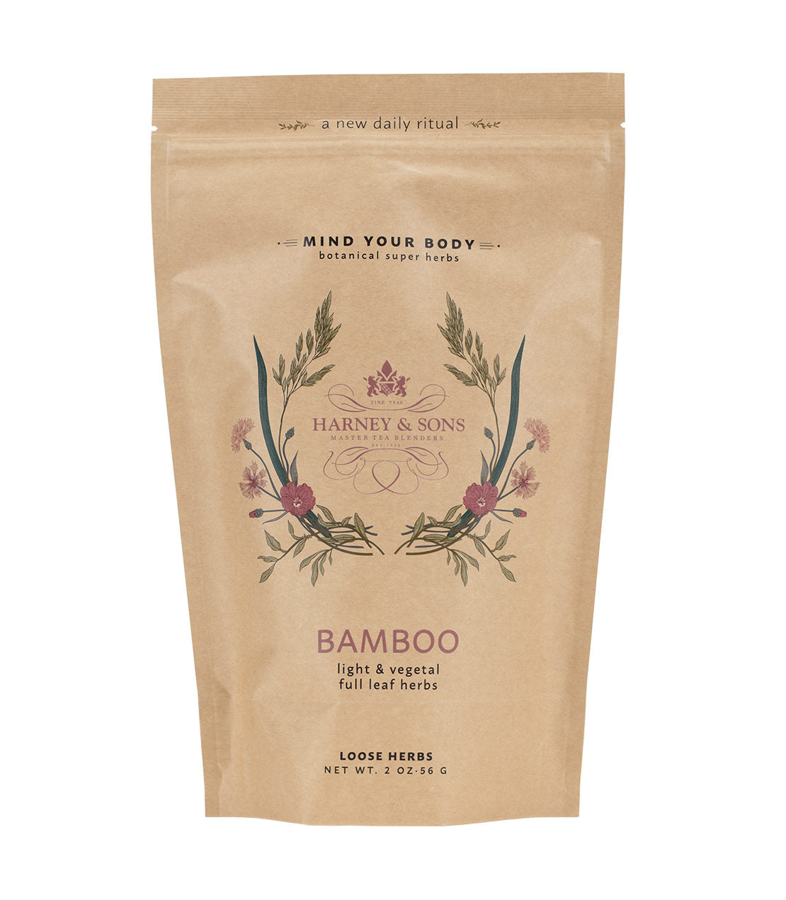 Harney & Sons Bamboo herbal tea packaging, featuring floral design and "Mind Your Body" label.