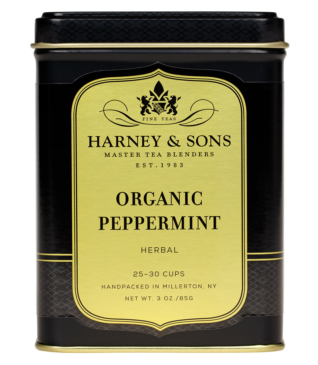 Black tin of Harney & Sons Organic Peppermint tea, 3 oz, labeled for herbal use, with a gold design.