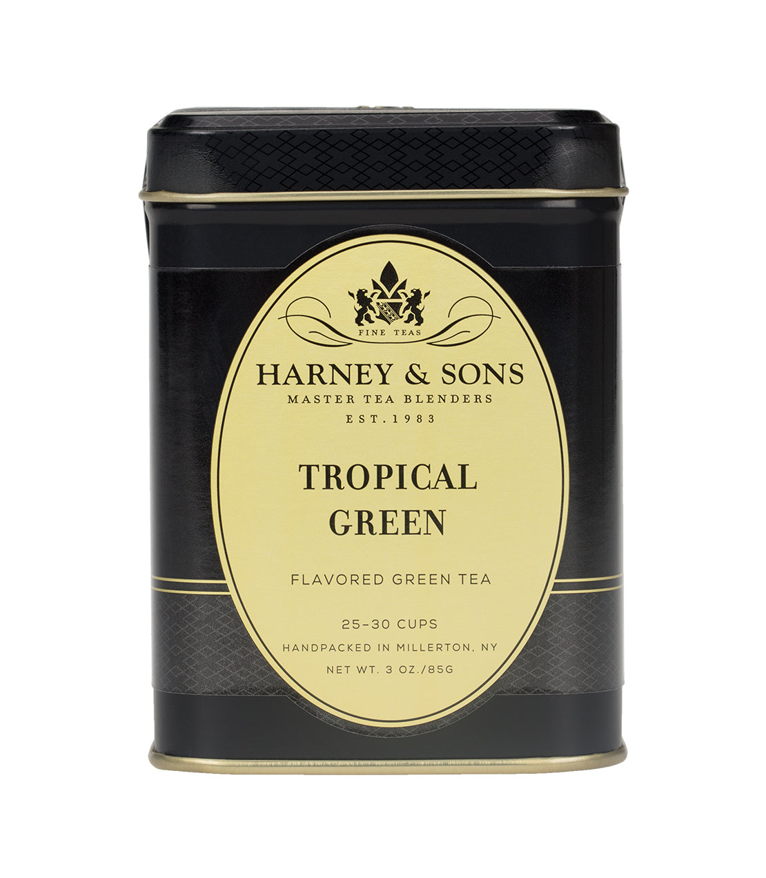 Harney & Sons Tropical Green tea tin, 3 oz, featuring a black design with a yellow label and logo.