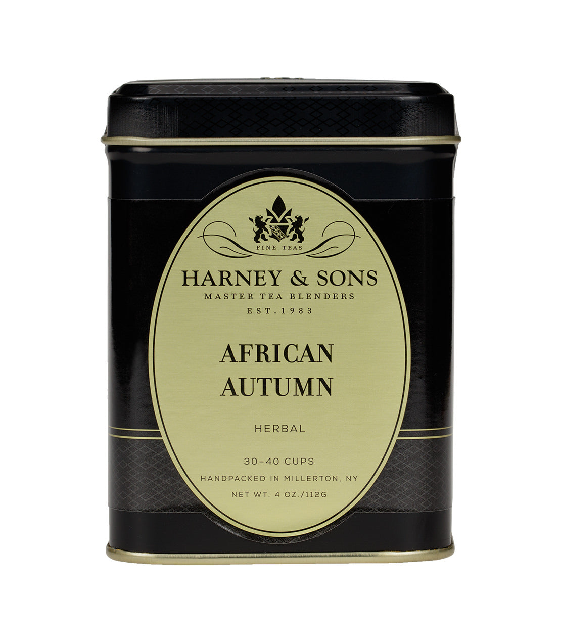 Black tin of Harney & Sons African Autumn herbal tea, 4 oz, labeled for 30-40 cups, handpacked in Millerton, NY.