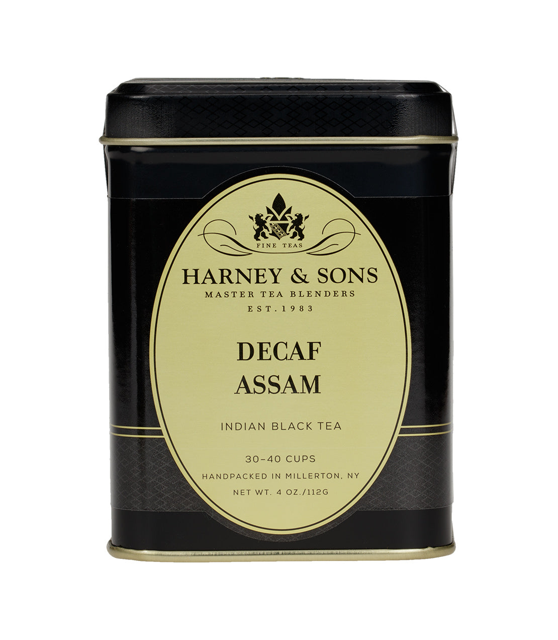 Black tin of Harney & Sons Decaf Assam tea, labeled as Indian black tea, 30-40 cups, 4 oz.