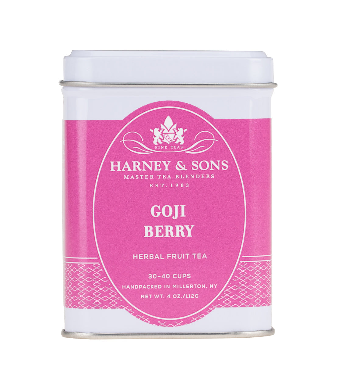 Goji Berry Fruit Tea by Harney & Sons in a pink tin, 4 oz, offers 30-40 cups of herbal tea.