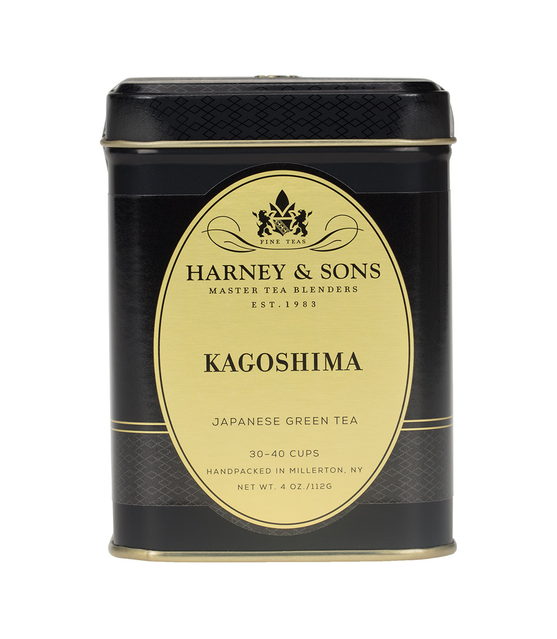 Black tin container of Harney & Sons Kagoshima Japanese green tea, 4 oz, yields 30-40 cups. Elegant design with gold accents.