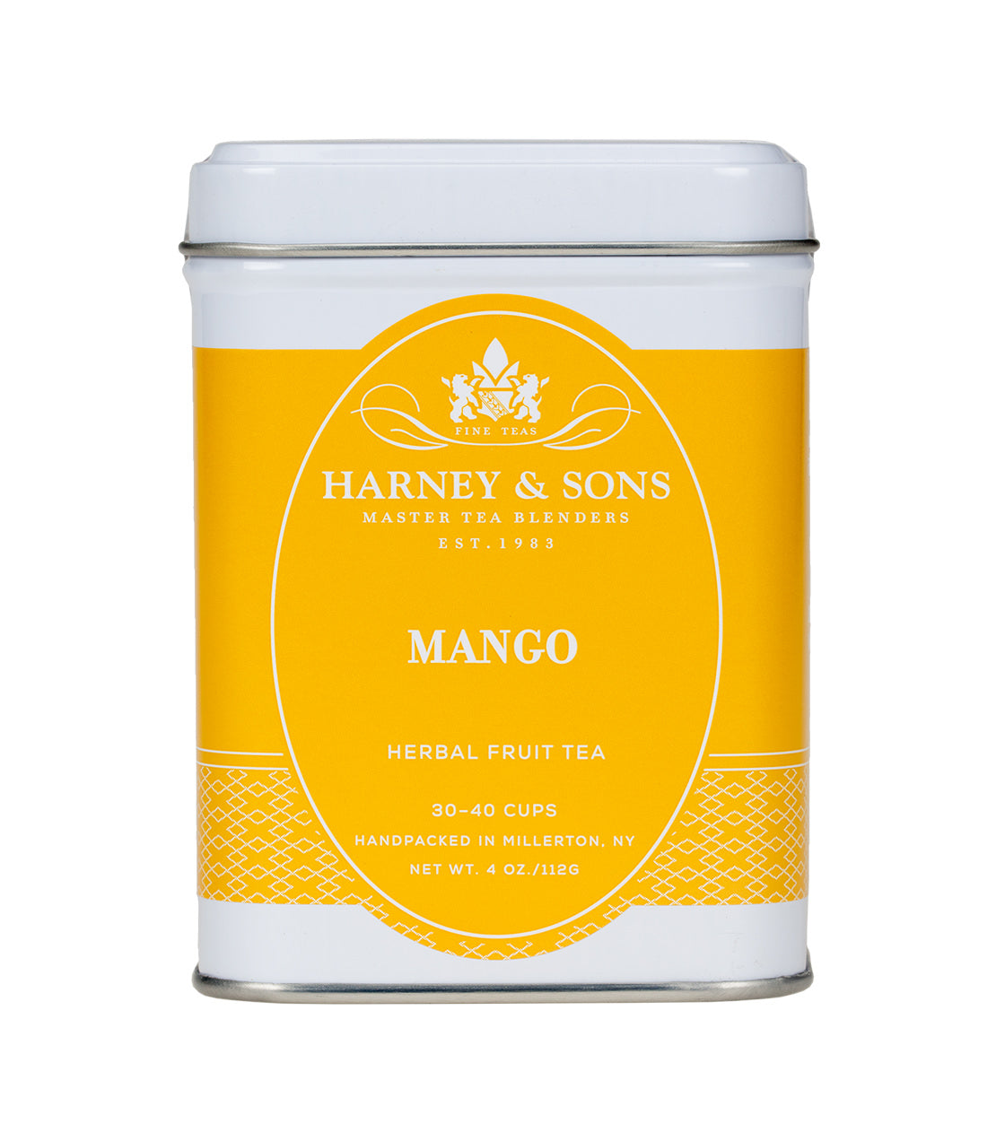 Yellow tin of Harney & Sons Mango Herbal Fruit Tea, 4 oz, labeled for 30-40 cups, handpacked in Millerton, NY.