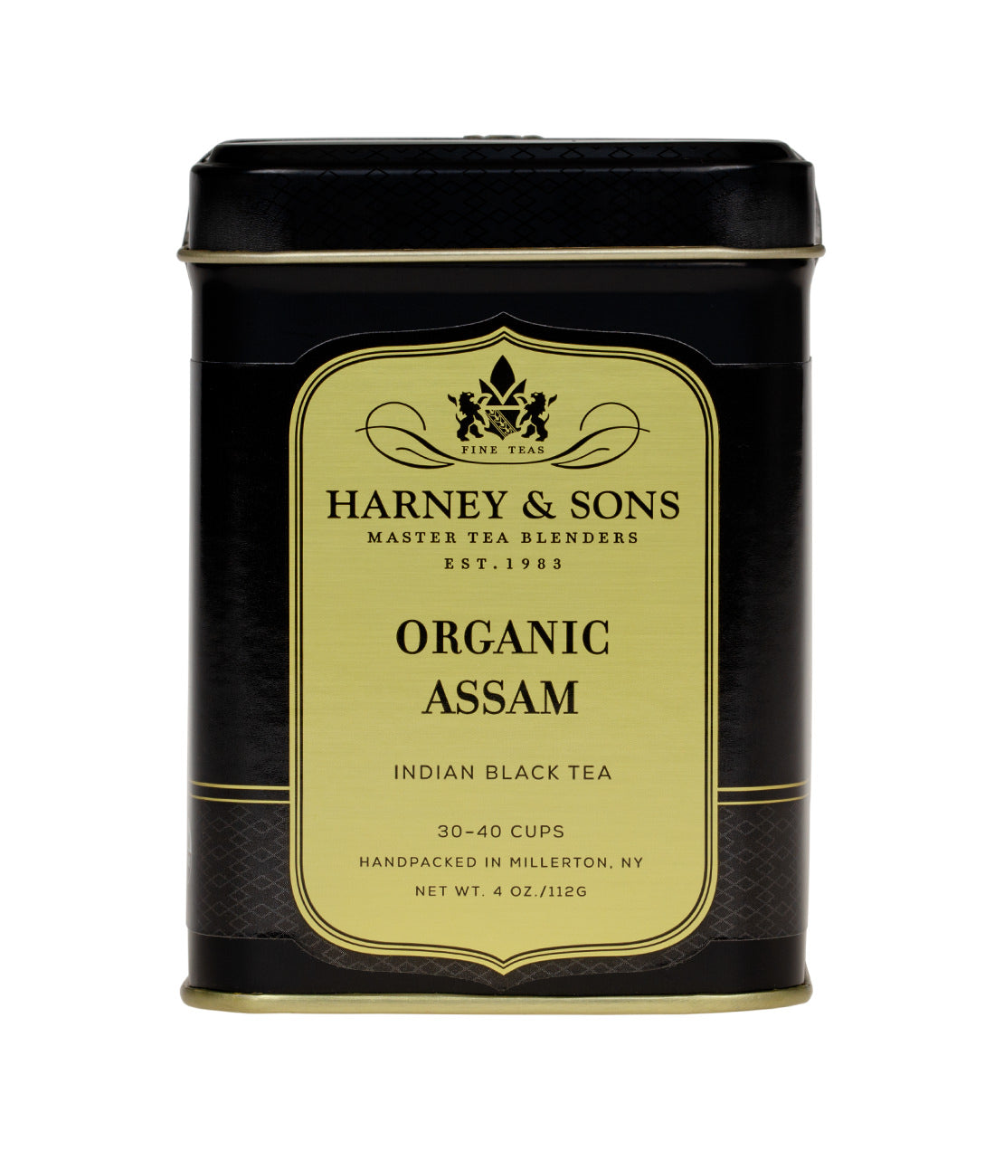 Black tin container of Harney & Sons Organic Assam tea, labeled for 30-40 cups, handpacked in Millerton, NY.