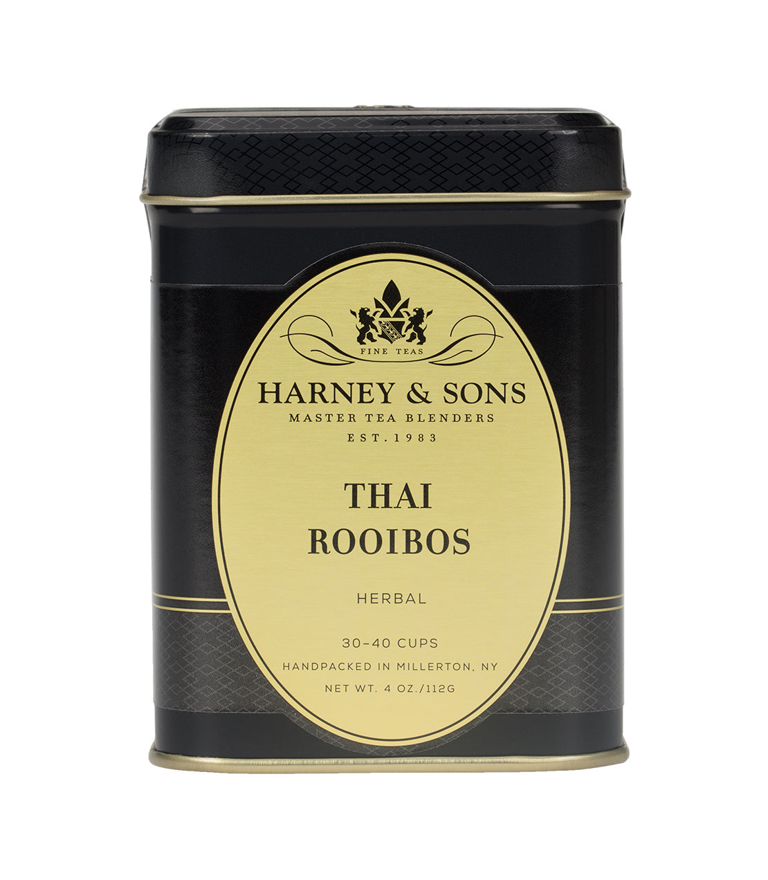 Black tin of Harney & Sons Thai Rooibos tea, labeled for 30-40 cups, 4 oz, herbal blend.