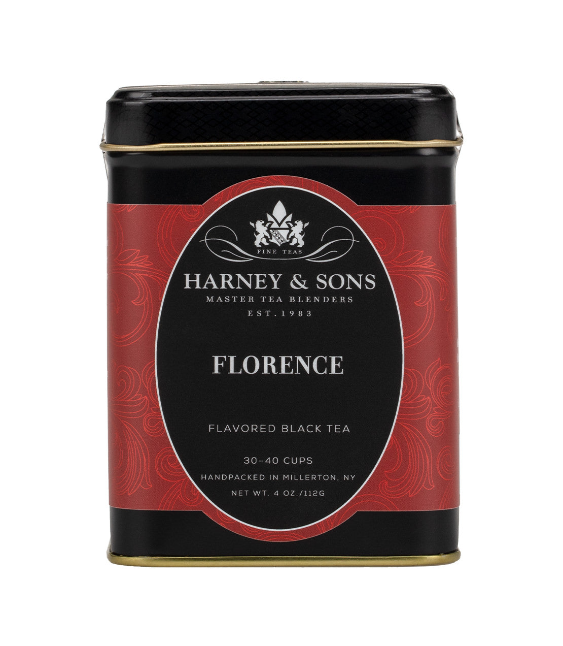 Black tea tin labeled "Florence" by Harney & Sons, featuring a decorative red and black design, 4 oz. capacity.