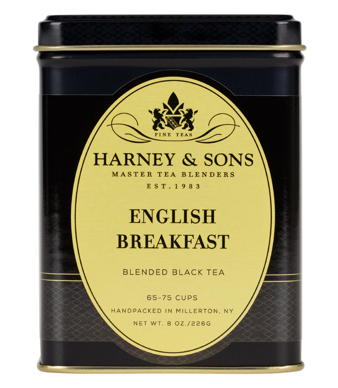 Harney & Sons English Breakfast tea tin, 8 oz, featuring a black and gold design, labeled for 65-75 cups.