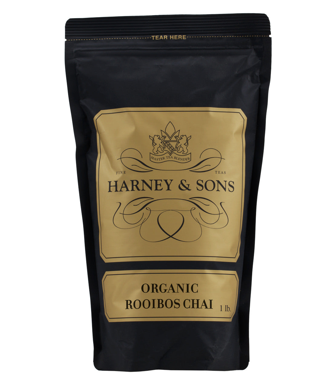 Black packaging of Harney & Sons Organic Rooibos Chai, featuring gold accents and a 1 lb label.