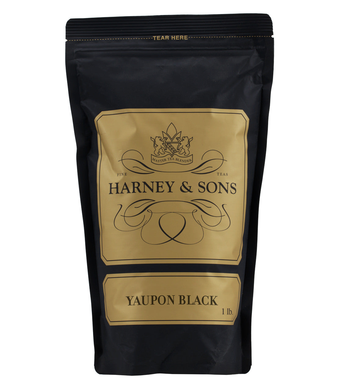 Harney & Sons Yaupon Black tea packaging, 1 lb black bag with gold accents and logo.