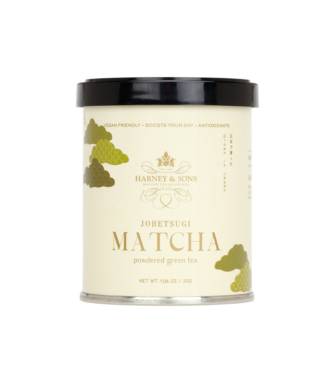 Harney & Sons Jobetsugi Matcha powder tin, 30g, featuring a minimalist design with green accents.