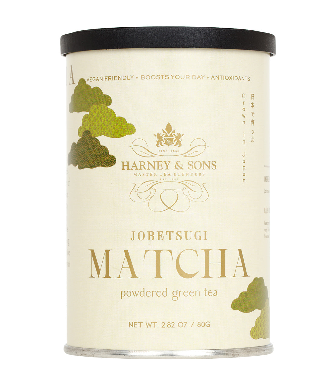 Harney & Sons Jobetsugi Matcha powder canister, 80g, featuring a cream-colored label with green accents.