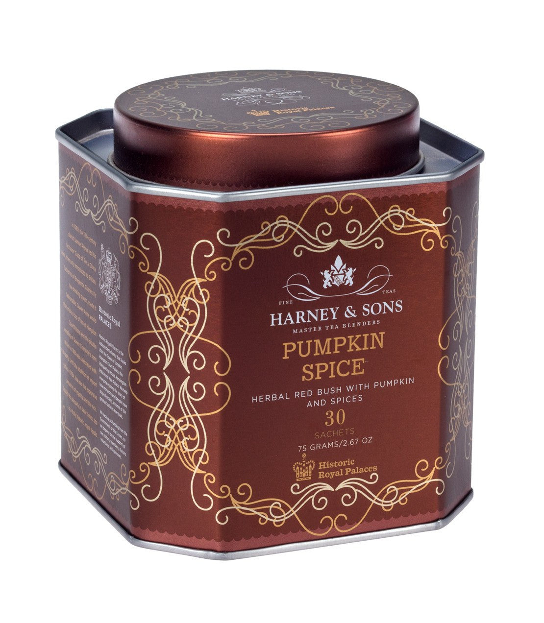 Harney & Sons Pumpkin Spice tea tin, containing 30 sachets of herbal red bush tea with pumpkin and spices.