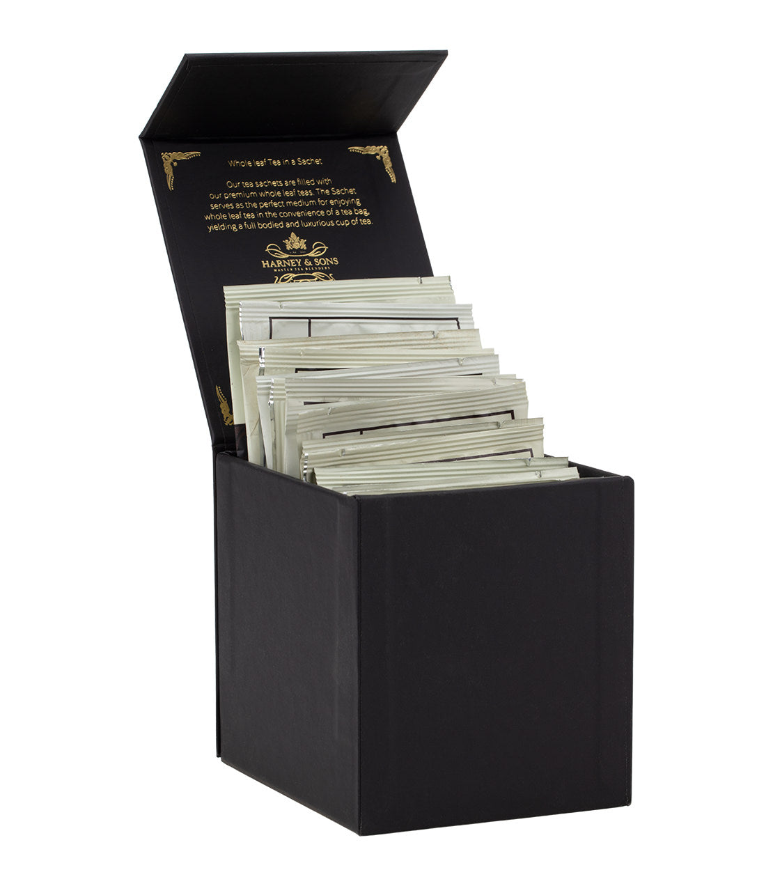 Harney Heritage Wrapped Sachet Sampler in a black box, showcasing an assortment of tea sachets inside.