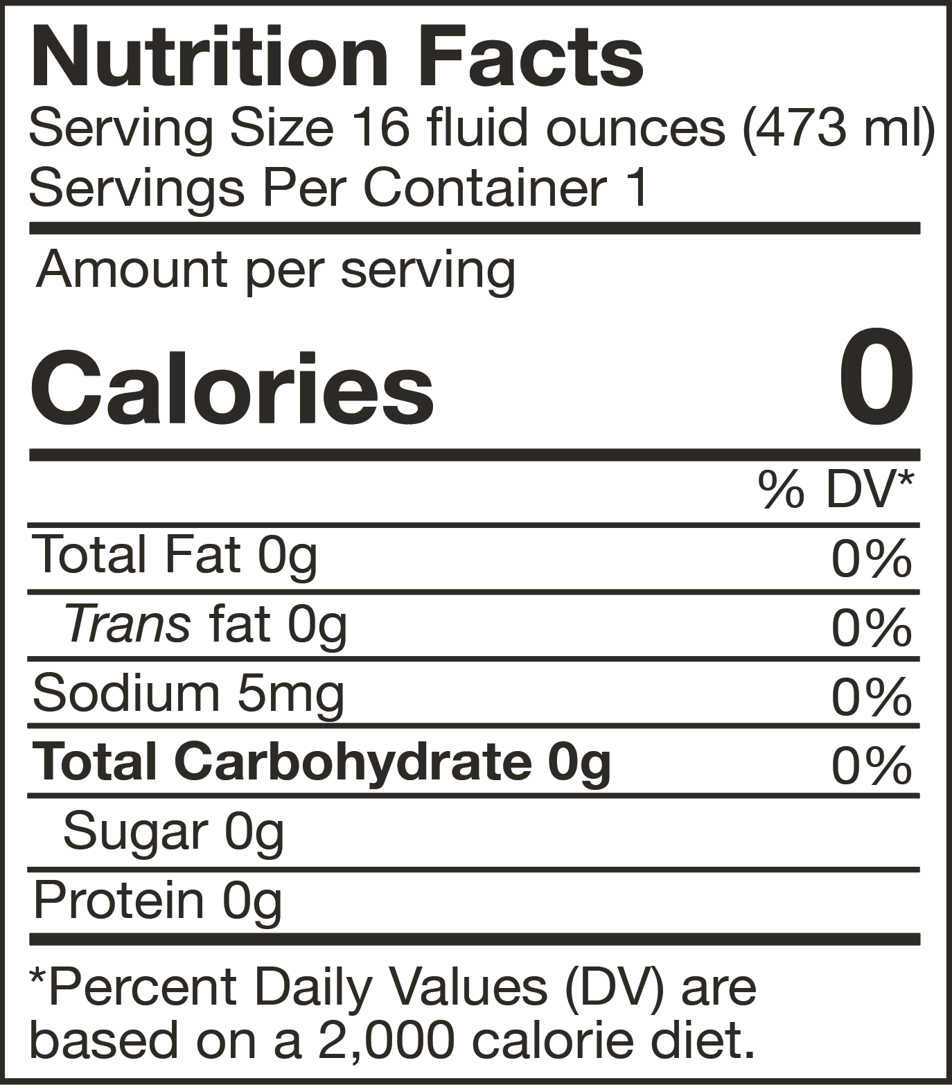 Nutrition facts label for Organic Supreme Black Unsweetened Iced Tea, detailing calories and serving size.