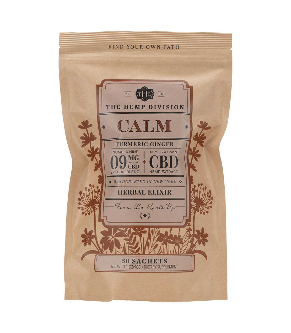 Calm Turmeric Ginger herbal elixir sachets with 9 MG hemp, 50-count package, promoting relaxation and wellness.