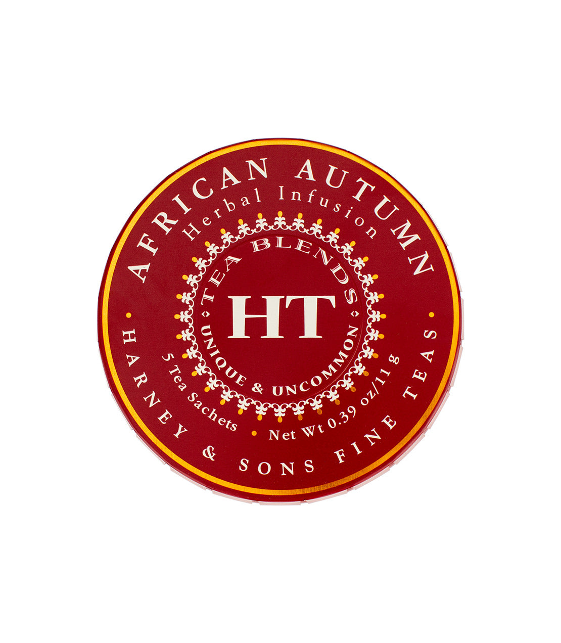 Round red tin of "African Autumn" herbal tea by Harney & Sons, containing 5 tea sachets.