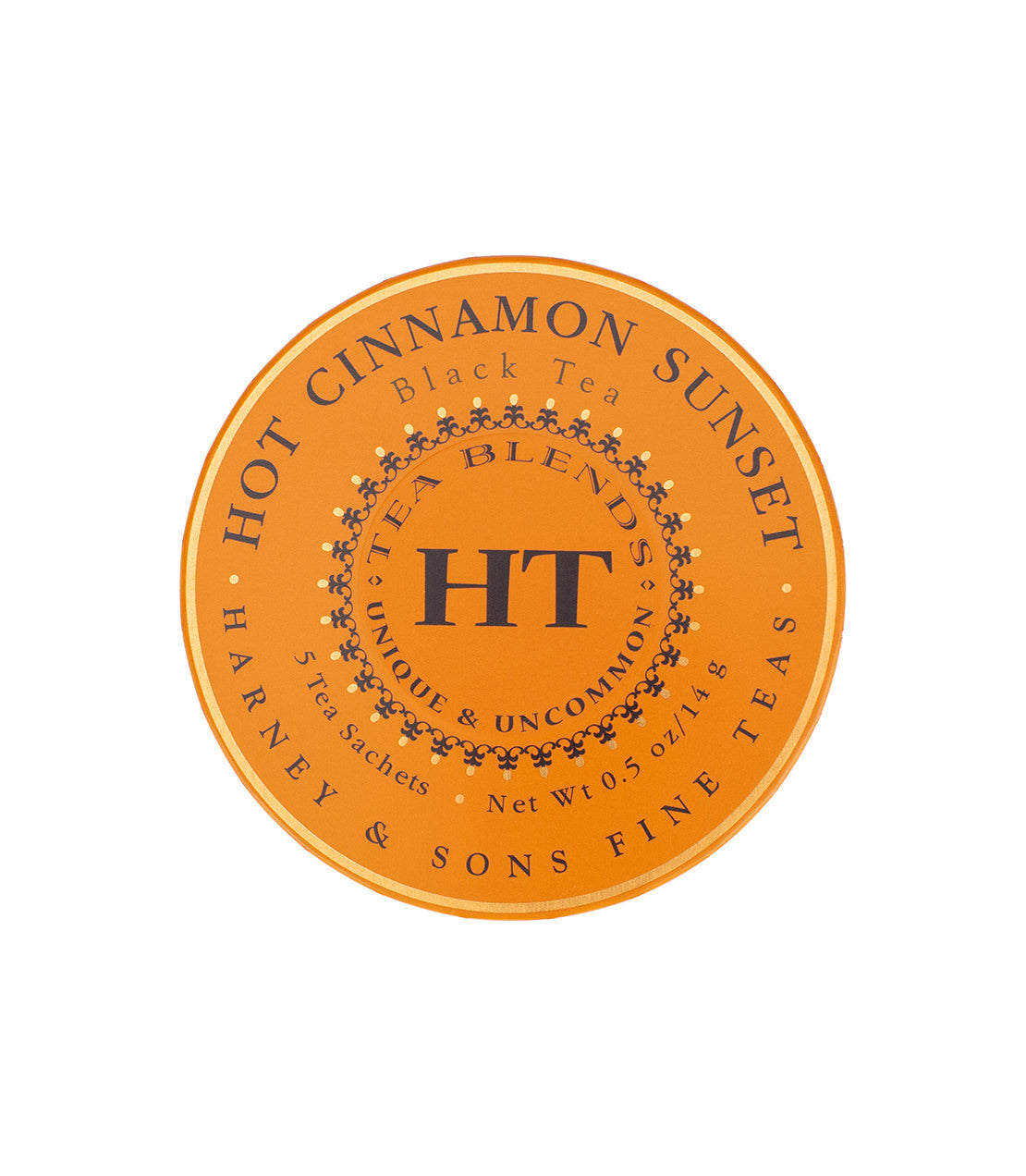 Hot Cinnamon Sunset black tea Tagalong tin featuring 5 sachets, designed by Harneysd.