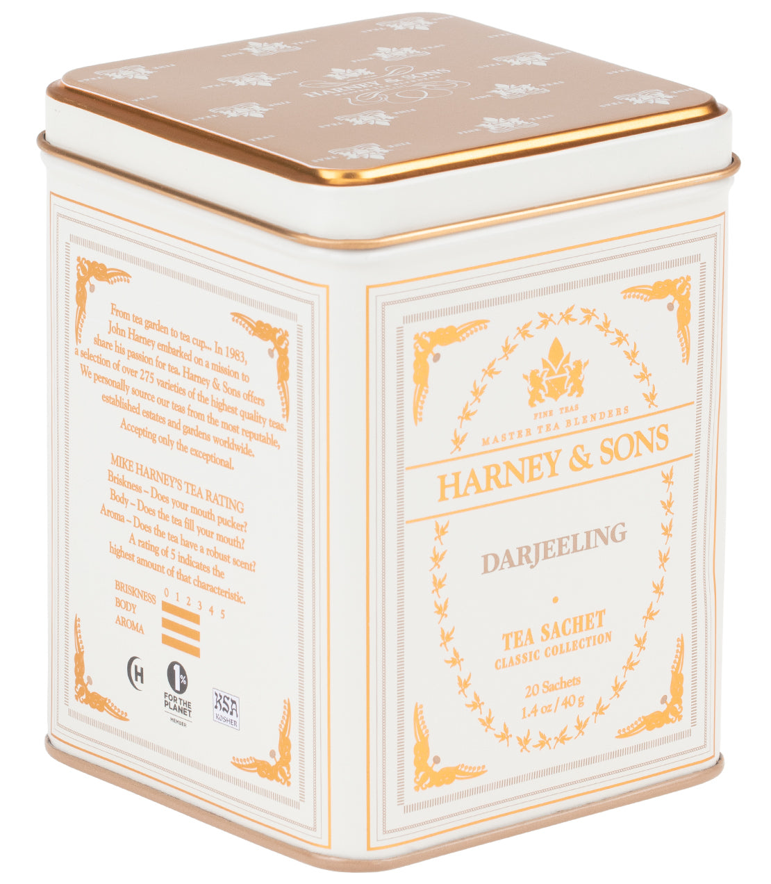 Classic tin of 20 Darjeeling tea sachets by Harney & Sons, featuring elegant design and detailed product information.