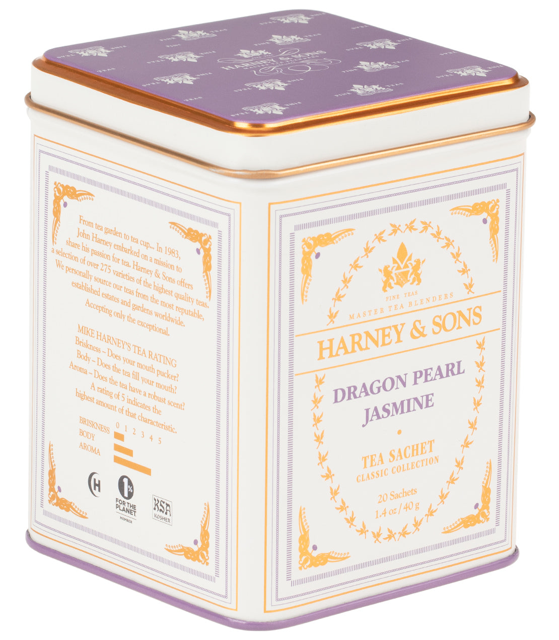 Classic tin of 20 sachets of Dragon Pearl Jasmine tea by Harney & Sons, featuring elegant packaging design.
