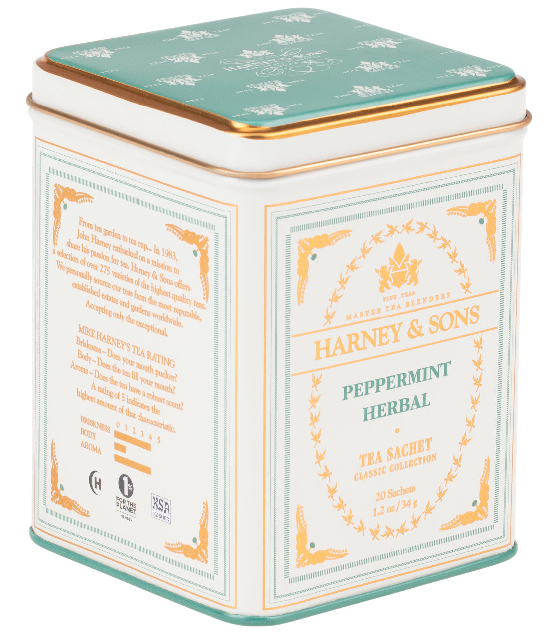 Harney & Sons Peppermint Herbal tea tin, featuring a turquoise and gold design, contains 20 tea sachets.