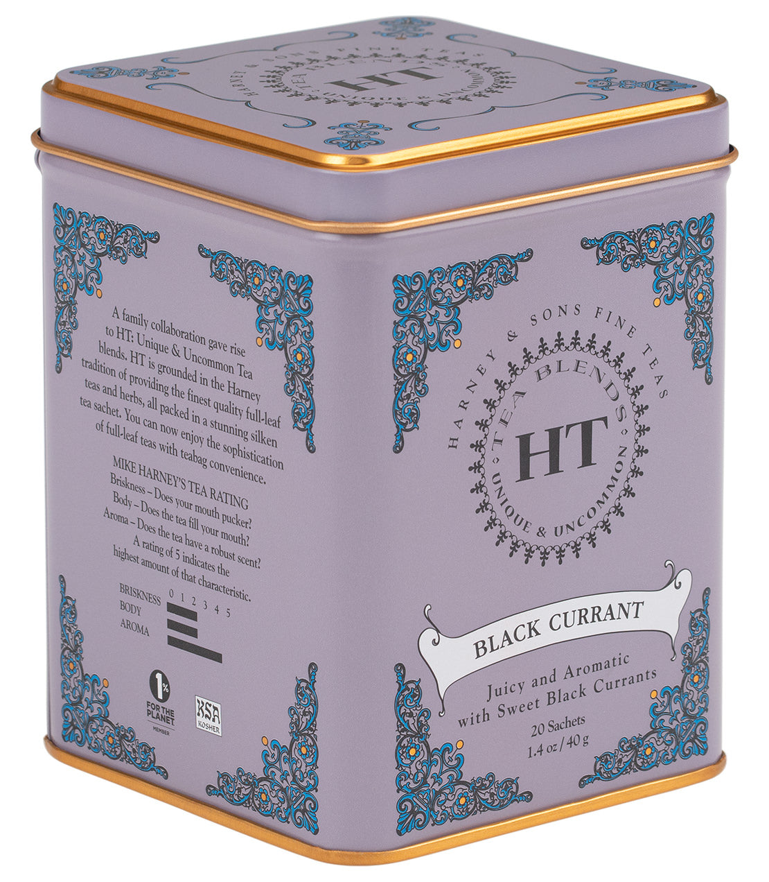 Black Currant Tea tin featuring elegant design, labeled with "Juicy and Aromatic with Sweet Black Currants.
