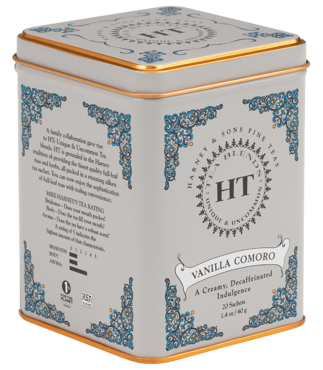 Decorative tin of Decaf Vanilla Comoro tea by Harney & Sons, featuring elegant design and 20 sachets.