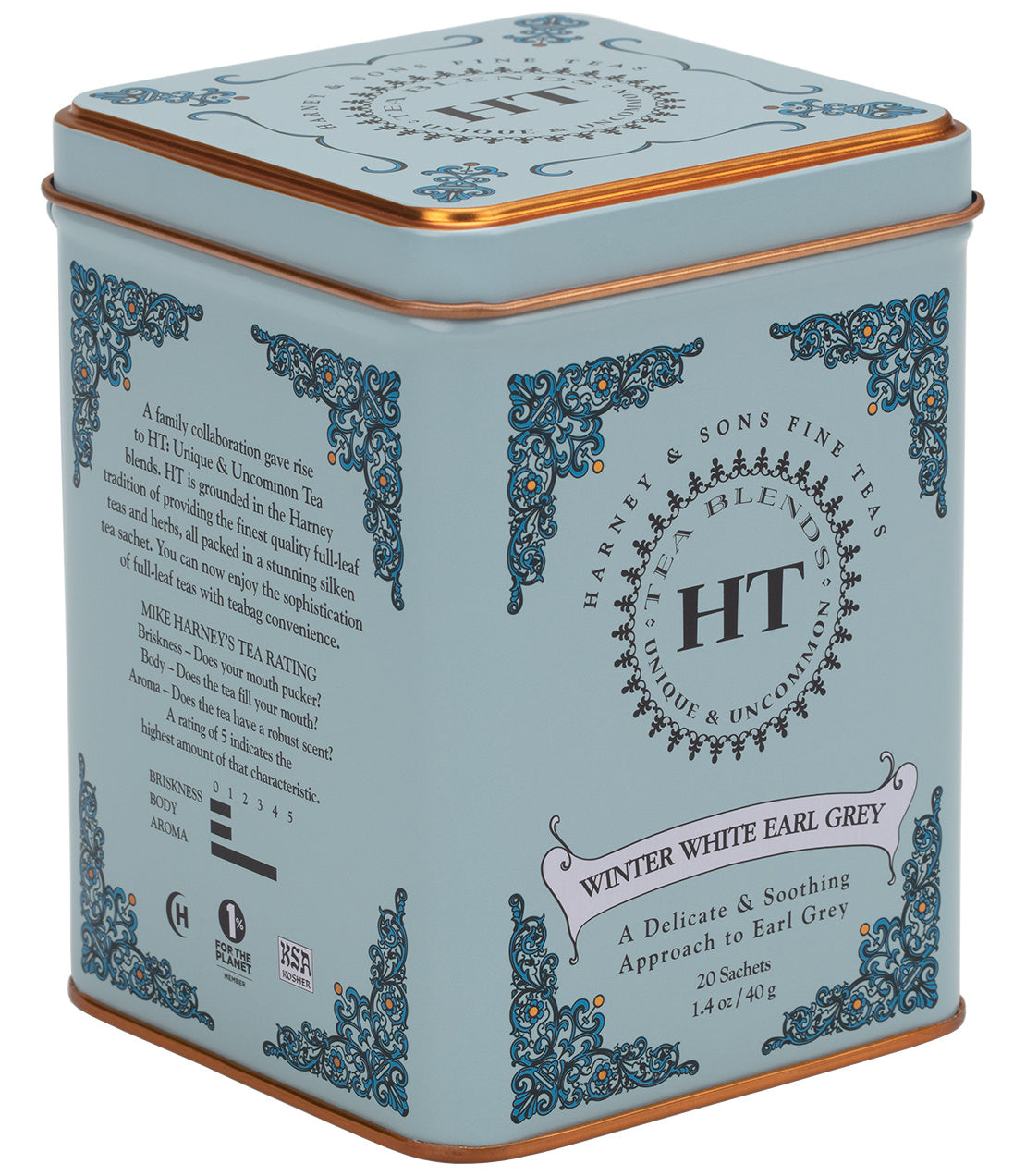 Elegant tin of Winter White Earl Grey tea by Harney & Sons, featuring a delicate design and 20 sachets inside.