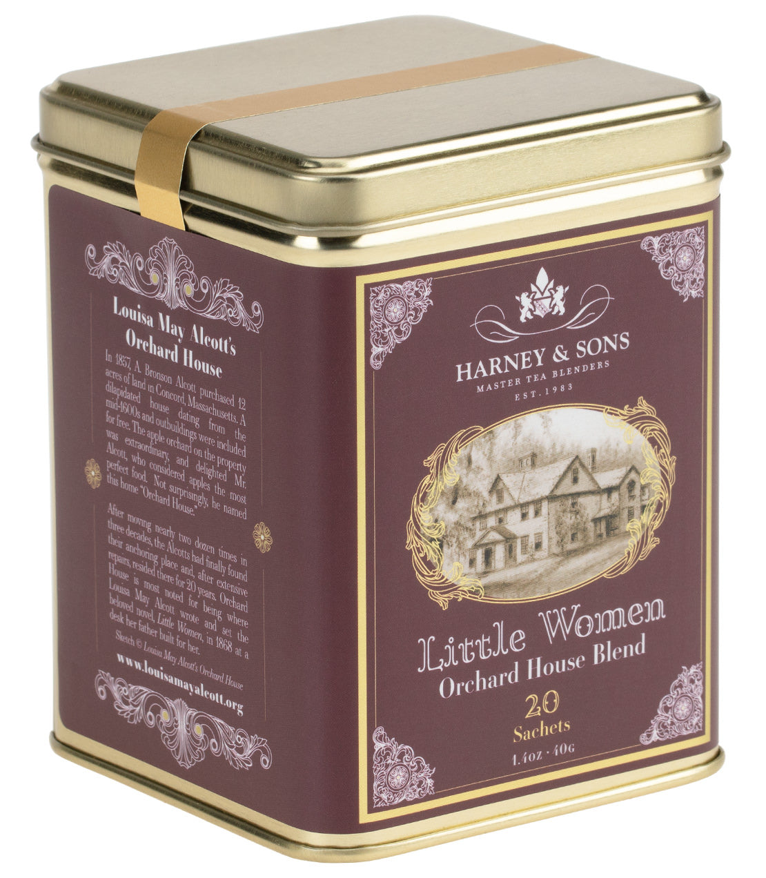 Tin of 20 sachets of Little Women Orchard House Blend tea by Harney & Sons, featuring a vintage house illustration.