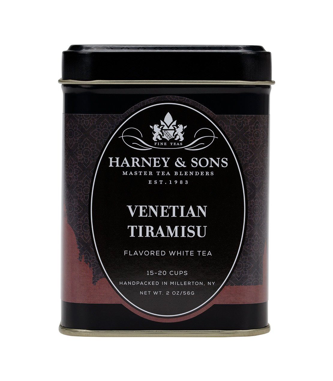 Harney & Sons Venetian Tiramisu flavored white tea tin, 2 oz, with elegant black and gold design.