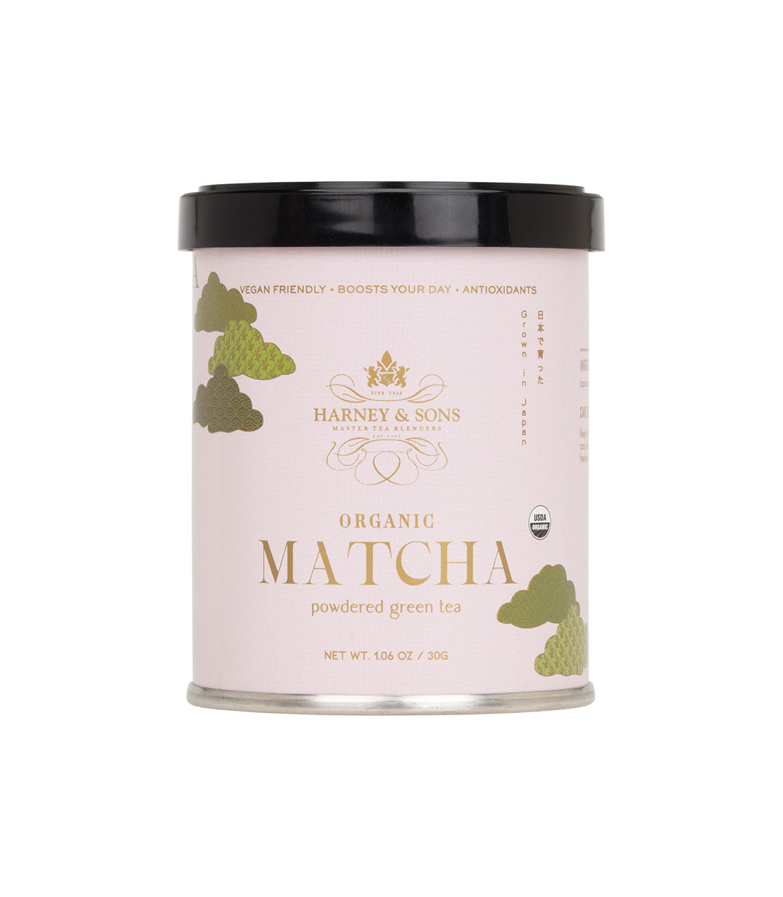 Organic Matcha powder in a stylish tin by Harney & Sons, promoting vegan-friendly, antioxidant-rich benefits.