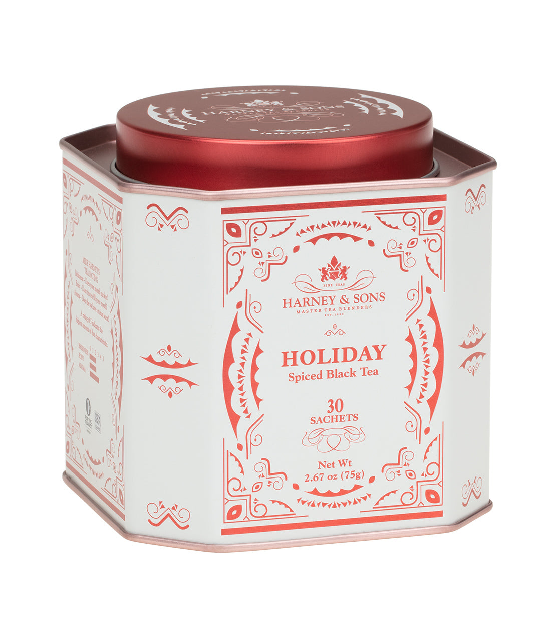 Hexagonal tin of Harney & Sons Holiday Spiced Black Tea, featuring red lid and decorative packaging, contains 30 sachets.