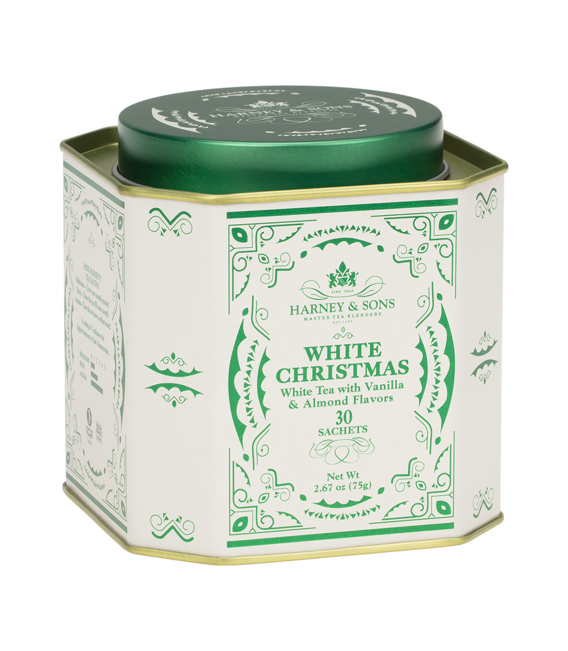 Harney & Sons White Christmas tea tin, featuring white tea with vanilla and almond flavors, 30 sachets.