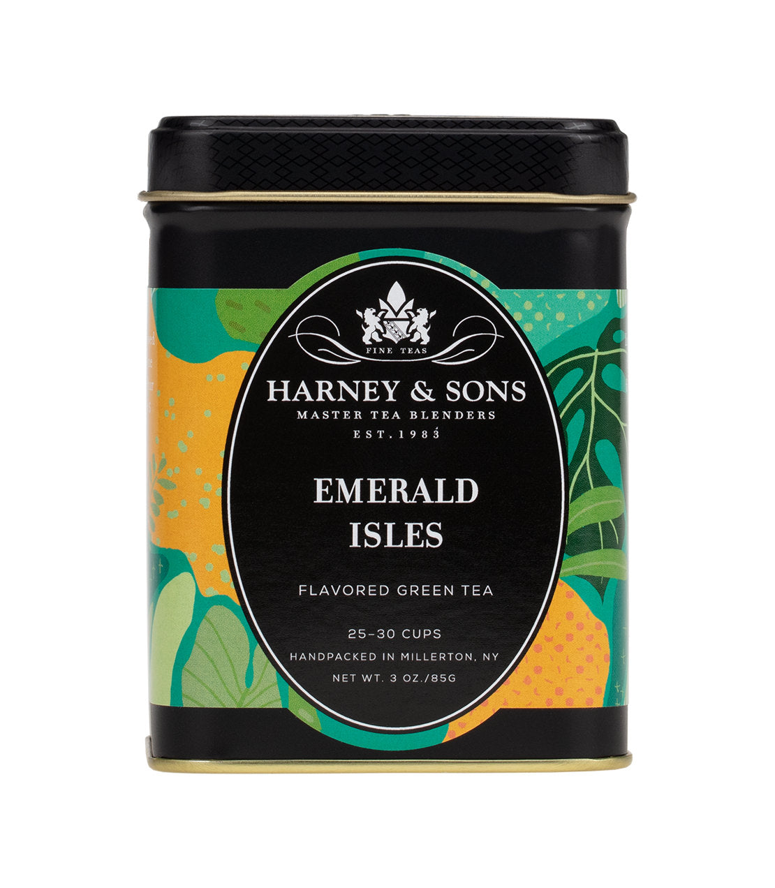 Harney & Sons Emerald Isles flavored green tea tin, 3 oz, featuring vibrant tropical design and branding.
