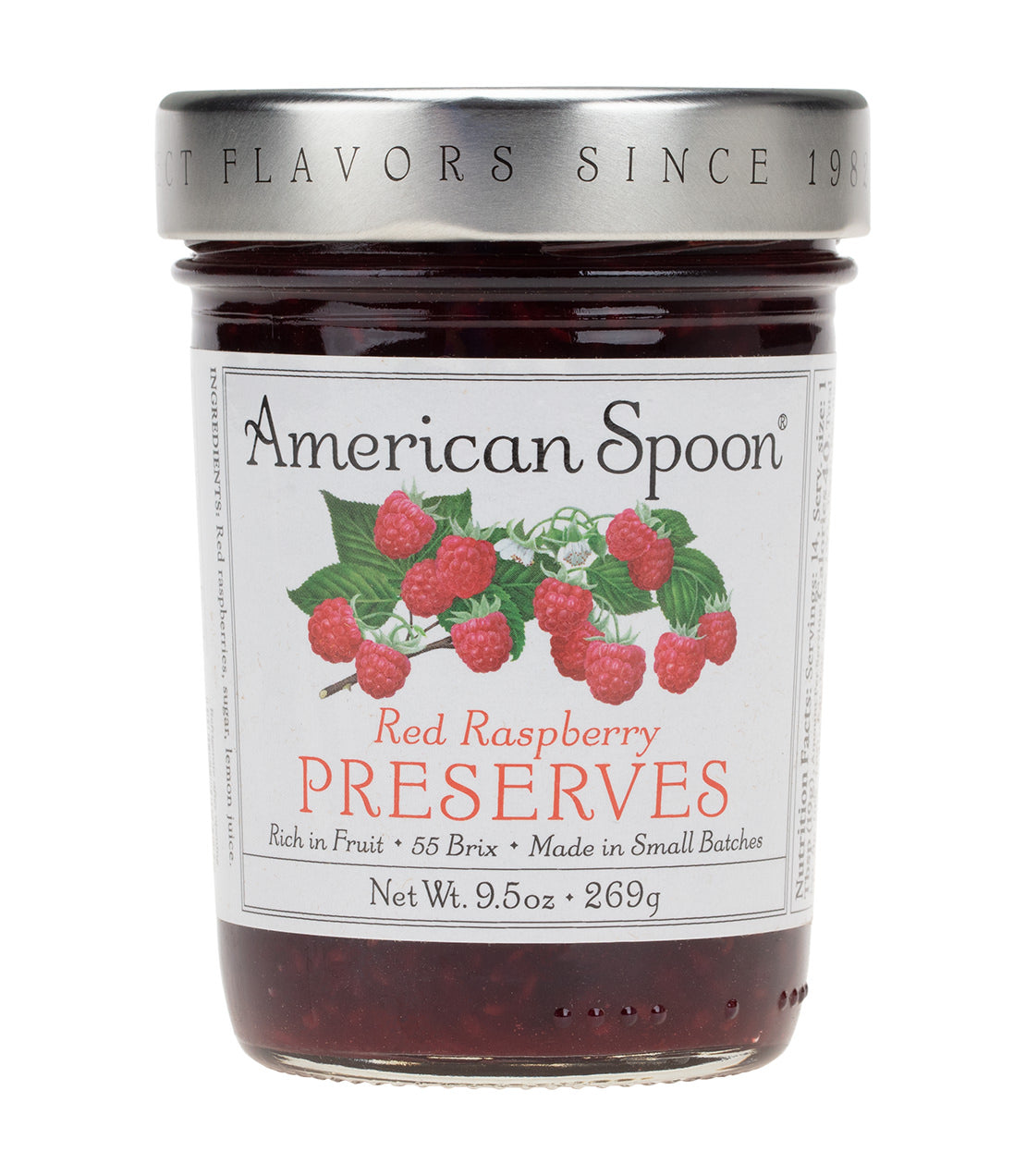 Jar of American Spoon Red Raspberry Preserve, featuring rich fruit and small batch production, 9.5 oz.