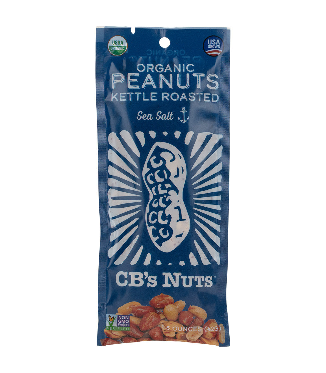 Pack of organic kettle roasted peanuts in assorted flavors, featuring a blue design and sea salt label.