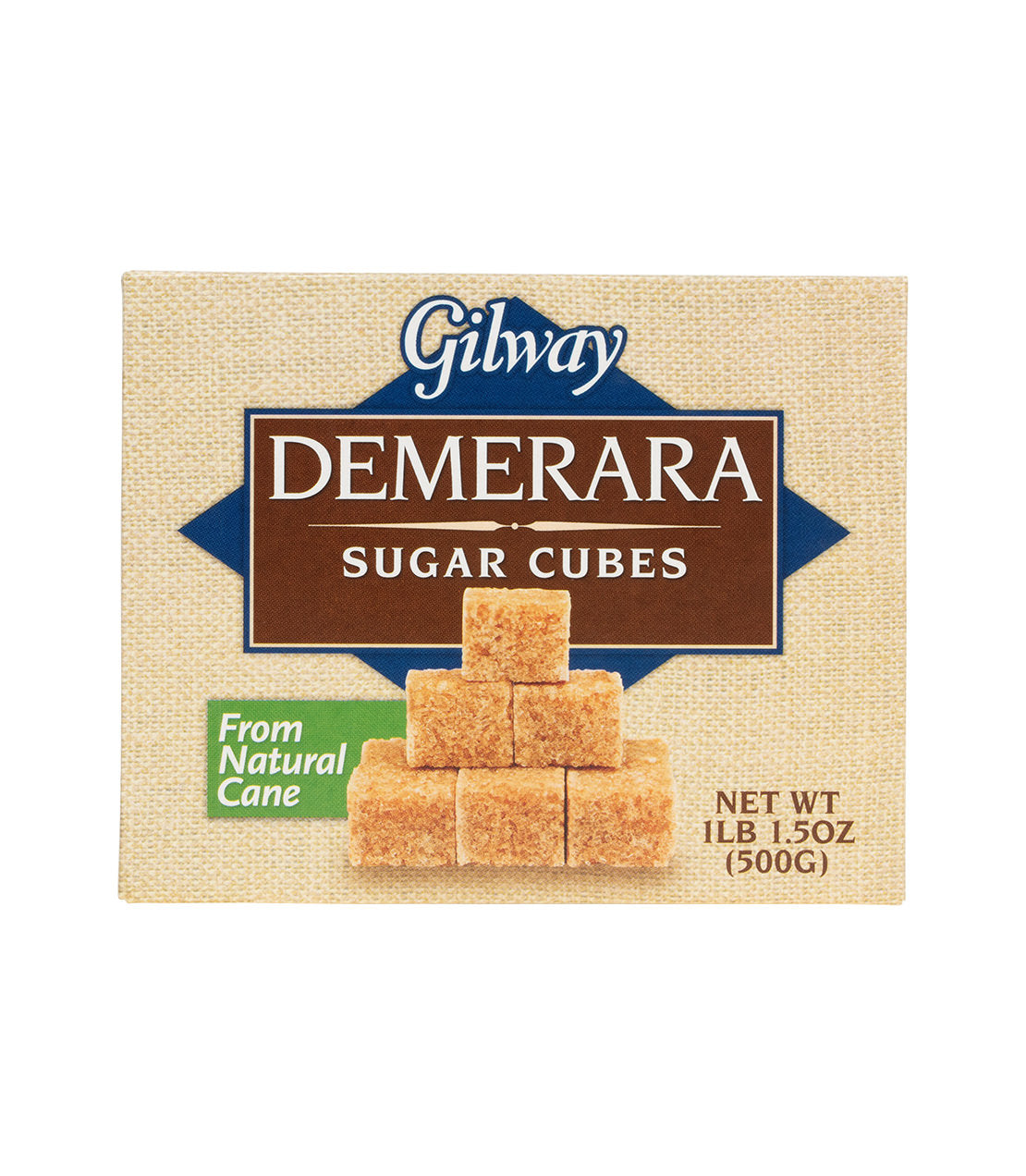 Demerara sugar cubes in a box, labeled "Gilway," showcasing natural cane sugar. Net weight: 1 lb 1.5 oz (500g).