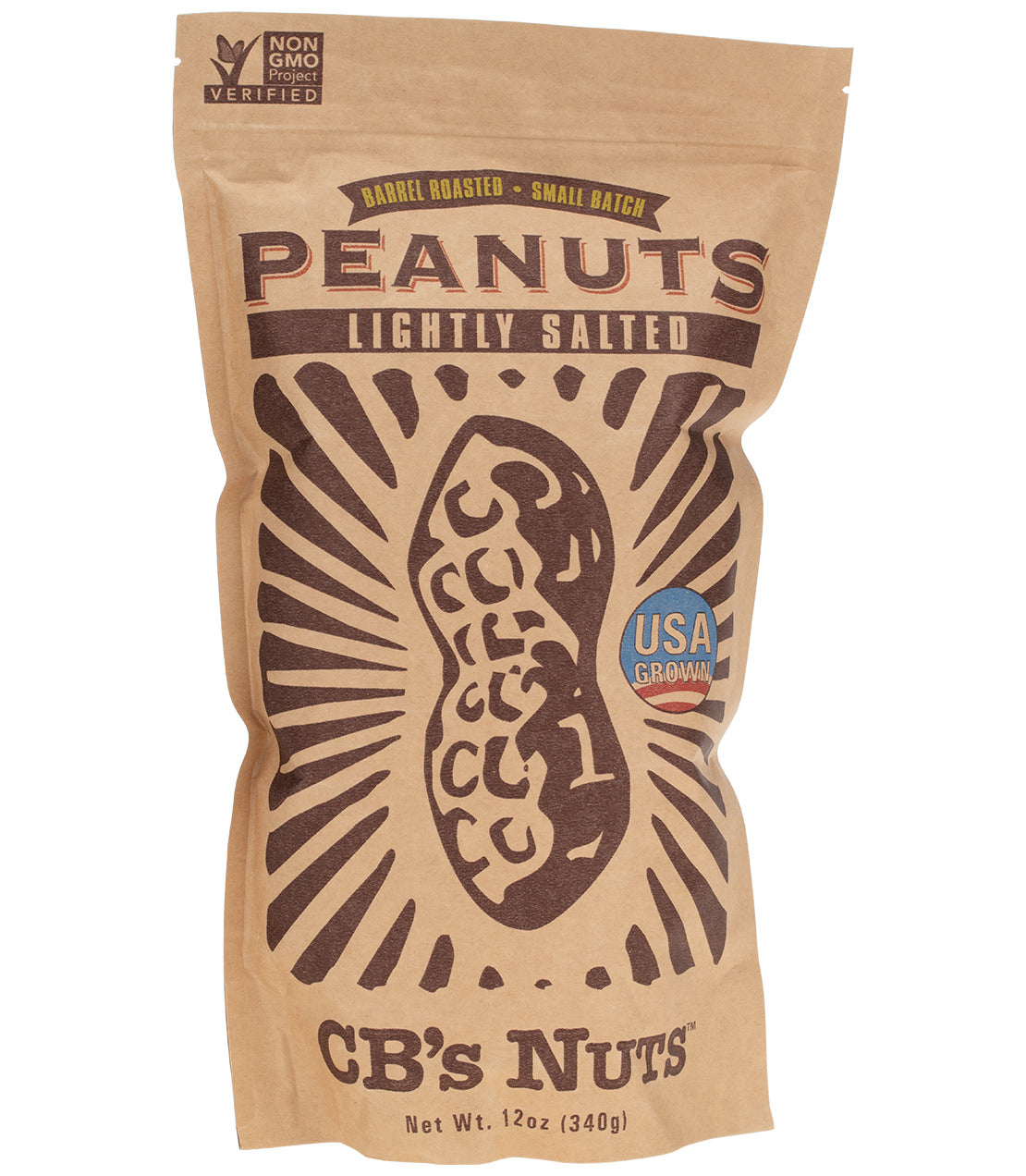 Bag of CB's Nuts in-shell jumbo peanuts, lightly salted, 12 oz, non-GMO, USA grown, with vintage-style design.