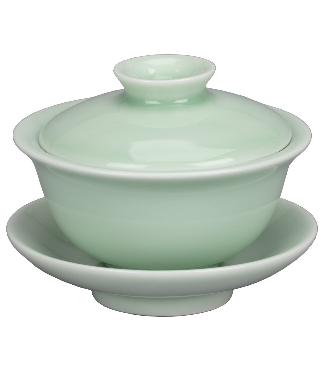 Elegant green porcelain gaiwan with a lid and matching saucer, perfect for brewing tea. Assorted styles available.