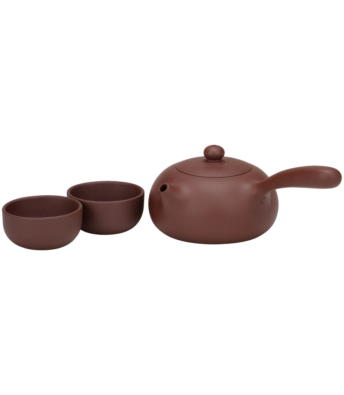 Yixing tea set featuring a teapot and two matching cups in rich brown clay, ideal for traditional tea ceremonies.
