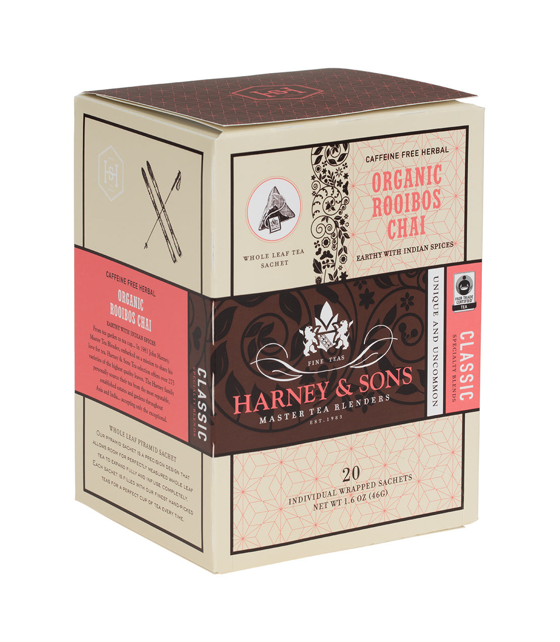 Box of 20 individually wrapped Organic Rooibos Chai tea sachets by Harney & Sons, featuring a classic design.